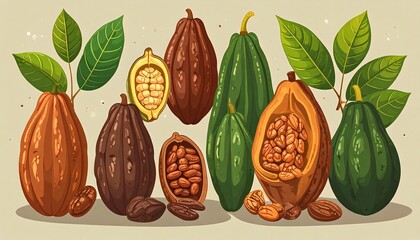 Cocoa pods, beans, and leaves