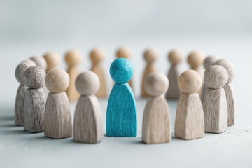 A single teal figurine in a circle of light beige ones