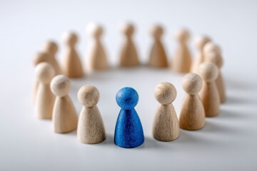 A single blue wooden figure at center of a circle of light beige figures