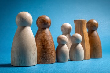 Wooden figurines of a family, various tones, on a blue backdrop