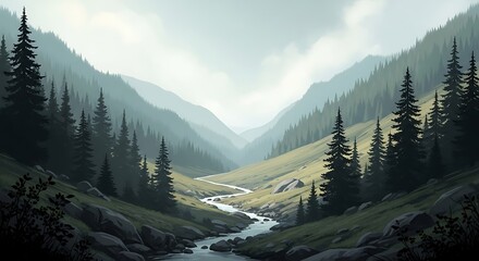 Serene Mountain Valley Landscape.