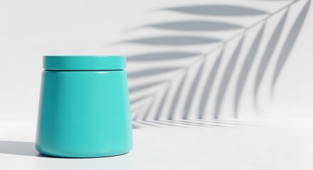 Blue skincare container with leaf shadow background
