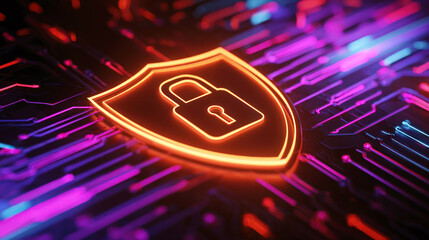 Vibrant Digital Shield Symbolizing Cybersecurity with Luminous Background in Neon Colors and Circuit Patterns