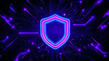 Vibrant Neon Shield Against Abstract Technological Background with Circuit Patterns and glowing Elements in Digital Aesthetic