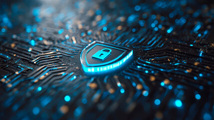 Abstract digital background featuring a glowing padlock symbol on a circuit board design, representing cybersecurity and data protection concepts effectively