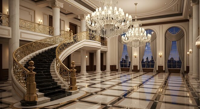 Elegant grand staircase with ornate gold railing in a luxurious ballroom with chandeliers and city skyline view