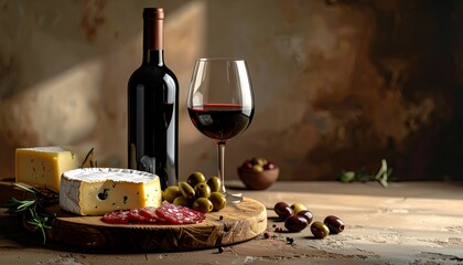 Wine Bottle, Glass, and Cheese Board with Salami and Olives