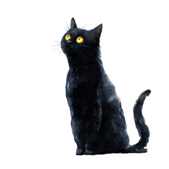 Watercolor illustration of a black cat with bright yellow, glowing eyes, sitting and looking upwards against a soft purple and white background.

