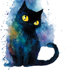 Black cat with arched back and glowing yellow eyes, watercolor painting, cosmic background, studio shot, white background.
