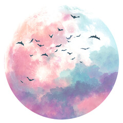 A full moon with a watercolor texture, featuring pastel pink, blue, and purple hues, is surrounded by a flock of silhouetted bats flying in various directions.
