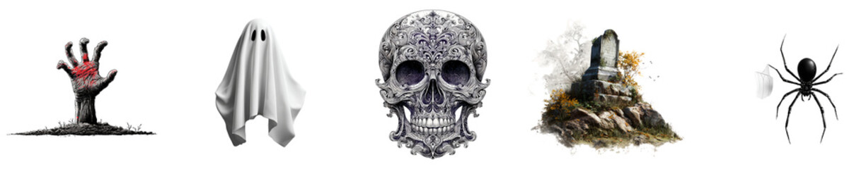 Halloween image sticker pack isolated on transparent background, skeleton, ghost, zombie hand, spider, symbols of the Halloween 