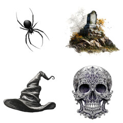 Halloween image sticker pack isolated on transparent background, skeleton, ghost, zombie hand, spider, symbols of the Halloween 