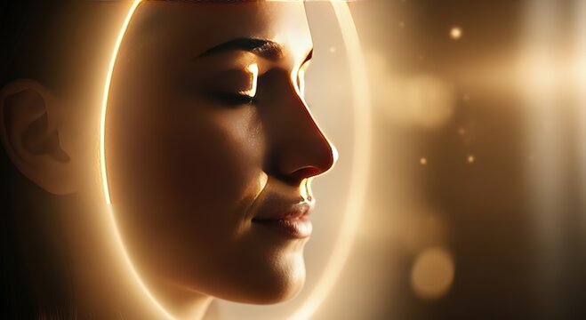 Serene woman bathed in golden light, embodying inner peace and bright future possibilities