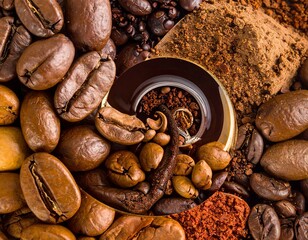 Coffee beans and grounds, spiral design