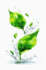 Two vibrant green leaves, splashing into water