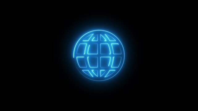 Neon glowing globe icon animation on black background, digital earth symbol with futuristic world map lines, technology network concept for internet, communication, and global connection - Powered by Adobe