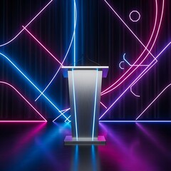 Illuminated podium stage with neon lights backdrop for presentations