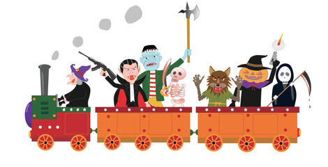 蒸気機関車でパレードしているハロウィンのキャラクターたち。