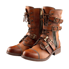 These brown leather boots feature laces, buckles, and zippers, combining fashion and style for a trendy look.