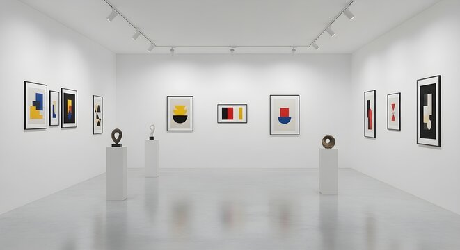 Modern  gallery interior showcasing abstract paintings and sculptures on white pedestals