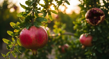 Obraz premium Ripe Pomegranates on the Branch A Garden's Crimson Jewels in the Evening Light
