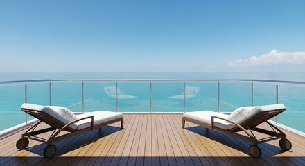 Fototapeta premium Two empty lounge chairs on a wooden deck overlooking a tranquil turquoise ocean under a clear blue sky