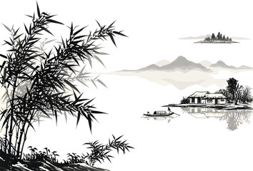 Traditional chinese ink wash painting of a serene lakeside village with bamboo and distant mountains