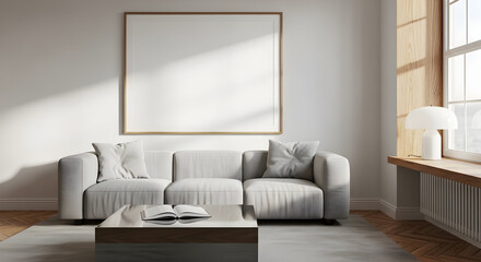 Modern minimalist living room interior design with grey sofa and large artwork