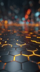 Fototapeta premium Dark metallic hexagonal mesh with glowing golden edges and cyberpunk lighting