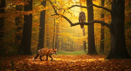 Owl and fox in autumn forest