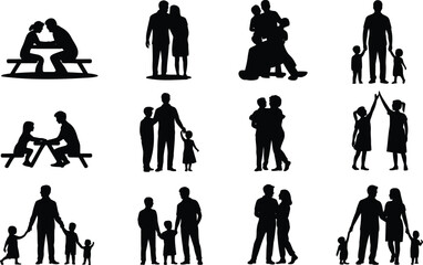 Family silhouette, parents with children, bonding moments, parenting concept, outdoor activities, father mother kids, family interaction, happy childhood, parenting support, family love scene.