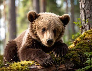 Fototapeta premium Cute bear cub in forest