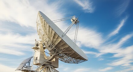 Satellite Communication Radio Telescope Against Bright Blue Sky with White Clouds