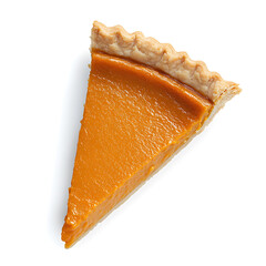 A slice of pumpkin pie with a fluted crust, isolated on a white background