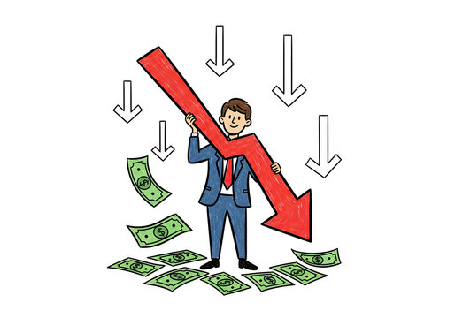 Economic recession and financial loss, businessman with a down arrow