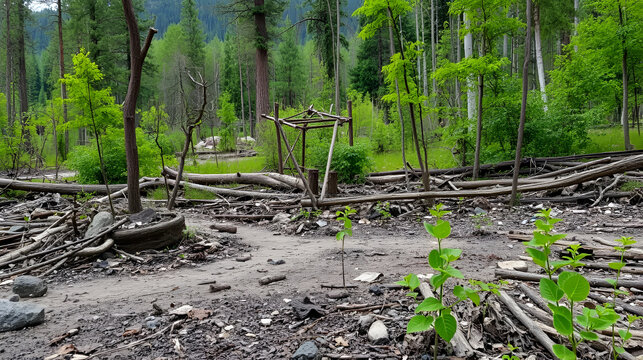 Pollution in nature: A scene of environmental decay shows a once-pristine natural environment desecrated by human-caused pollution.