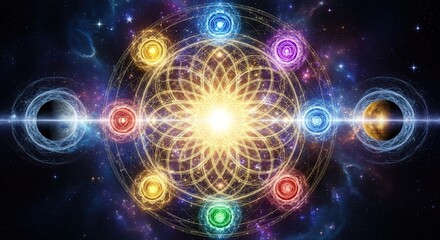 Fototapeta premium Vibrant cosmic mandala with glowing chakras and celestial bodies ignites spiritual awakening and universal energy