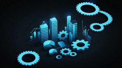 Abstract blue cityscape with gears and graphs - Powered by Adobe