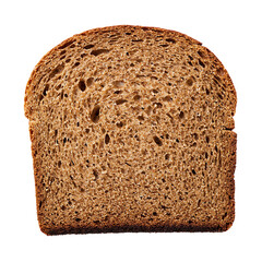 A slice of whole grain bread with a dense, porous crumb and dark crust