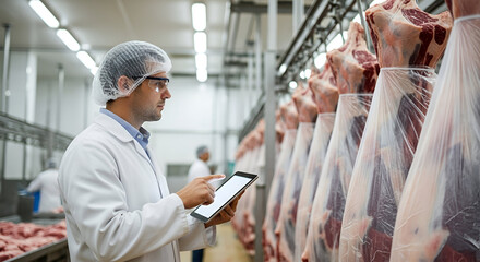 Man in a lab coat inspecting meat carcasses hanging in a processing plant, using a tablet.