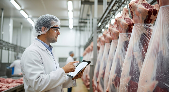 Man in a lab coat inspecting meat carcasses hanging in a processing plant, using a tablet. - Powered by Adobe