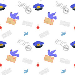 Colorful pattern featuring postal elements and birds illustrating communication concepts