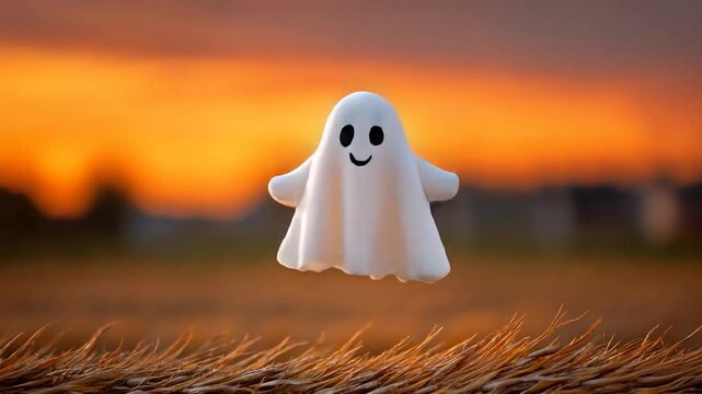 Cute ghost flies against a sunset background