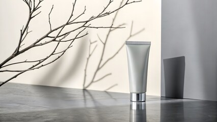 Hand Lotion on Gray with Reflection. Lotion tube on gray background with subtle reflection—simple, clean beauty product layout.