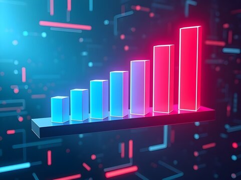 3D glowing bar chart floating in futuristic digital space