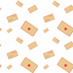 Colorful envelopes scattered across a white background create a cheerful postal theme