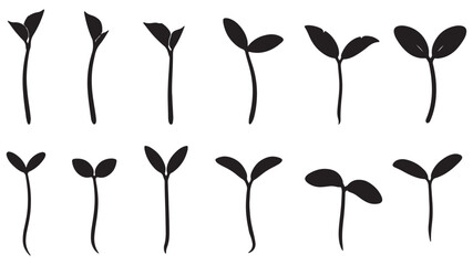 Two-leaf sprout icon set, sprout silhouette