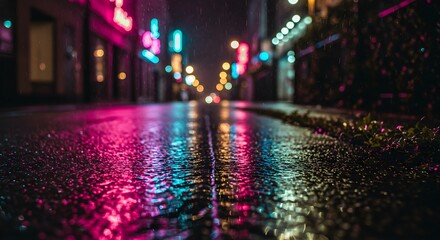 Obraz premium Urban Lights Reflecting on Wet Pavement A Neon-Lit Nightscape after the Rain