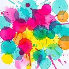 Vibrant watercolor splashes create an energetic and playful composition, with a visually striking abstract