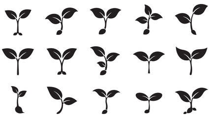 Two-leaf sprout icon set, sprout silhouette